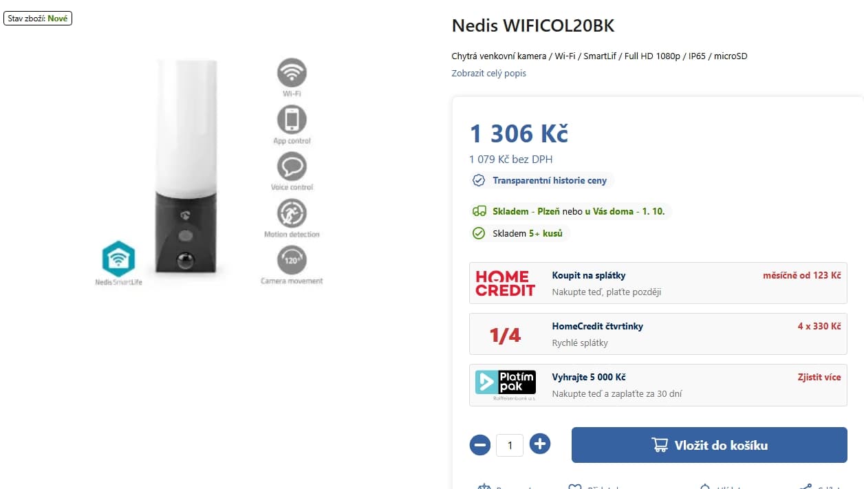 Venkovní Wifi kamera s integrovaným LED světlem Nedis, FHD