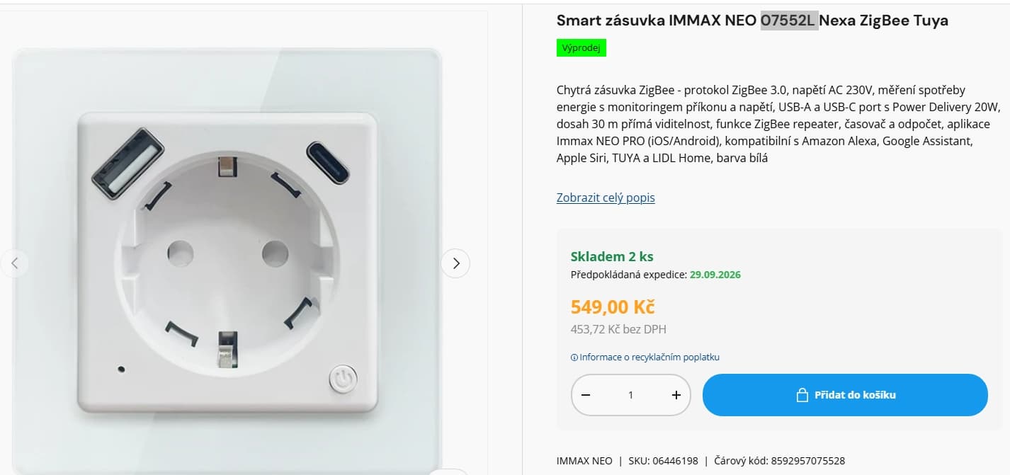 Chytrá vnitřní zásuvka Immax, 2x USB 20W