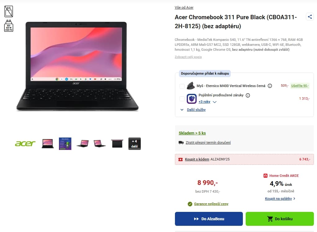 Chromebook Acer 2,6 GHz, 4/128, 11,6", 1,1 kg
