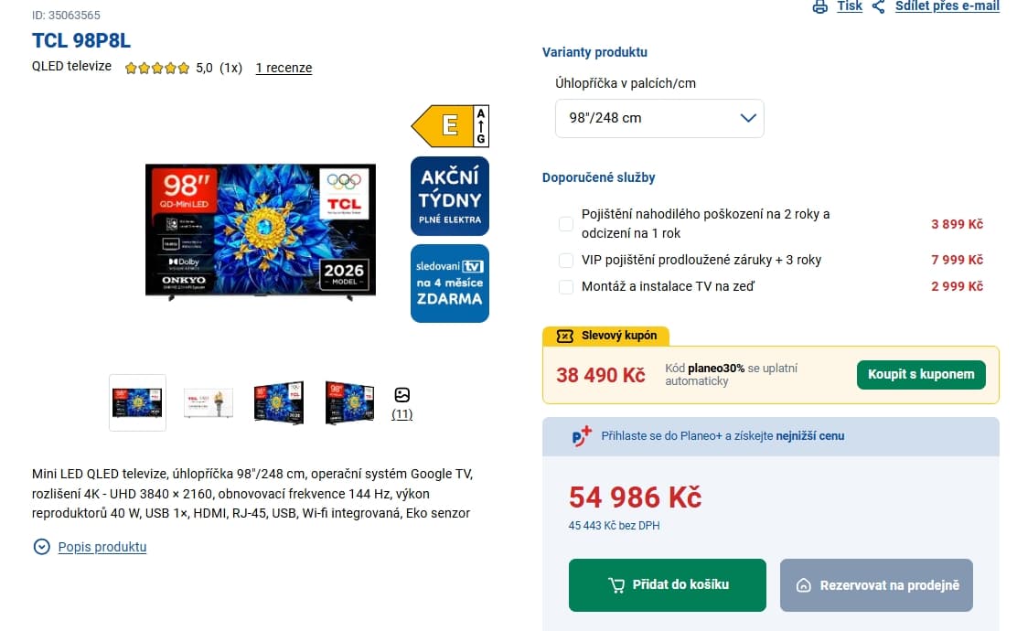 4K mini LED Google TV, Atmos, Imax, 144 Hz, 248 cm TCL