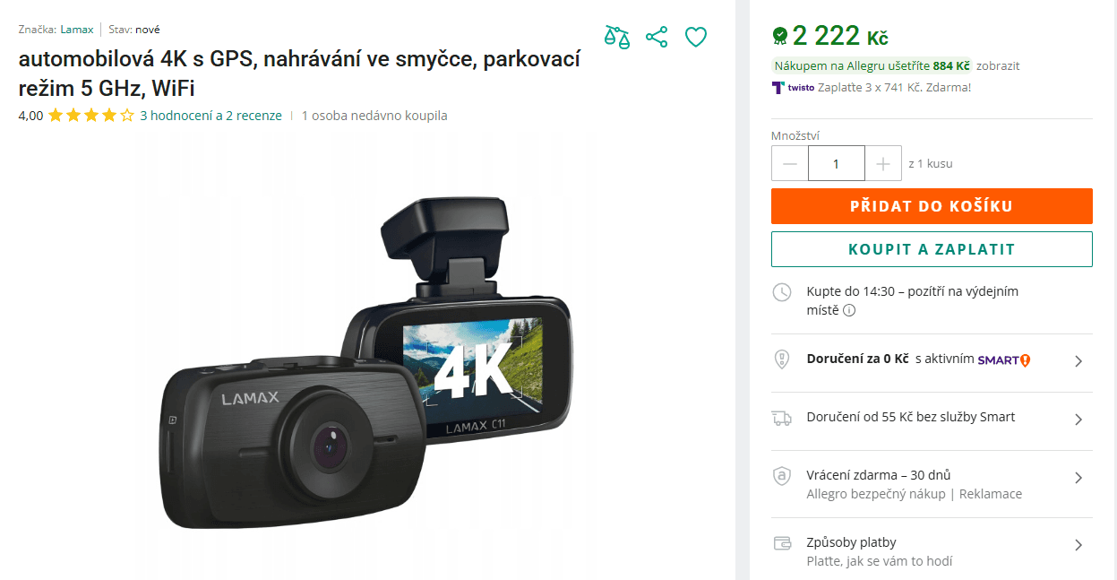 UHD / 4K kamera do auta Lamax, Wifi