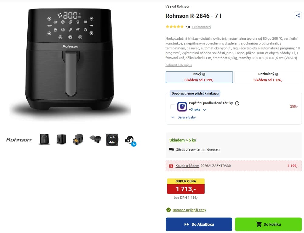 Horkovzdušná fritéza Rohnson, 7 l., 10 prg
