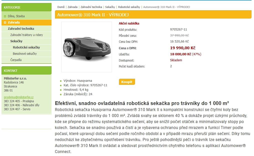 Robot sekačka Husqvarna Automower 310, 1000 m²