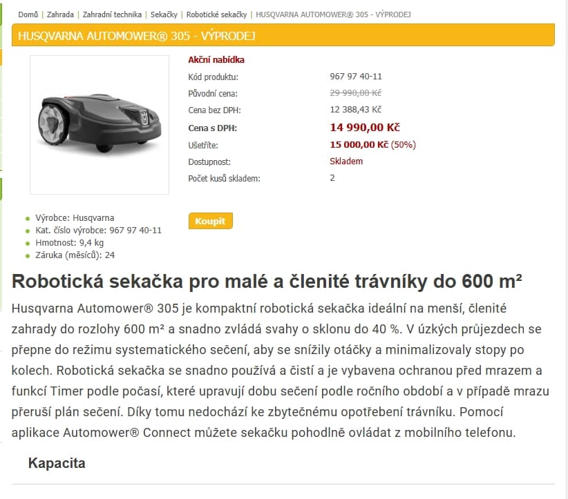 Robot sekačka Husqvarna Automower 305, 600 m²