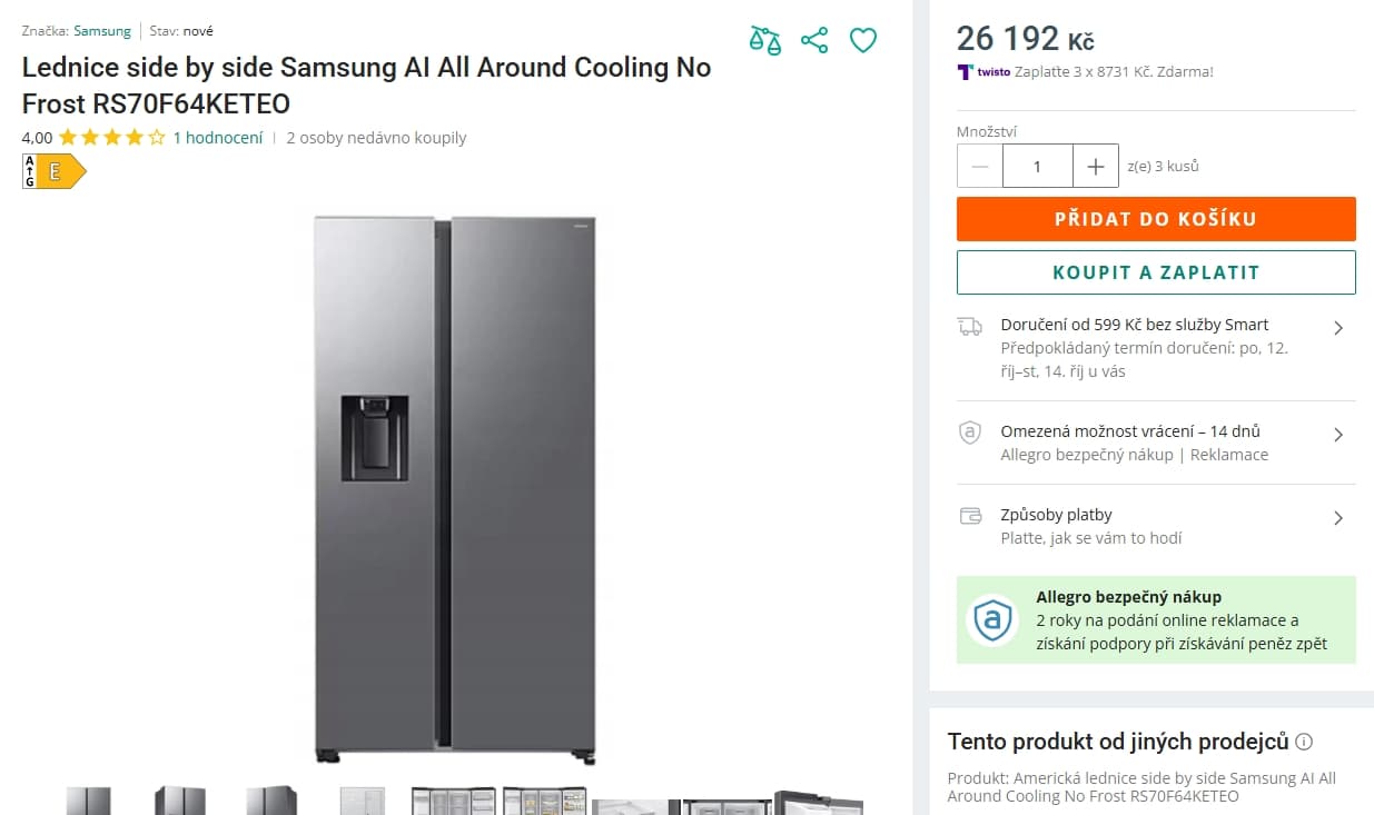 Americká lednice Samsung, 178 cm, Wifi, led, voda