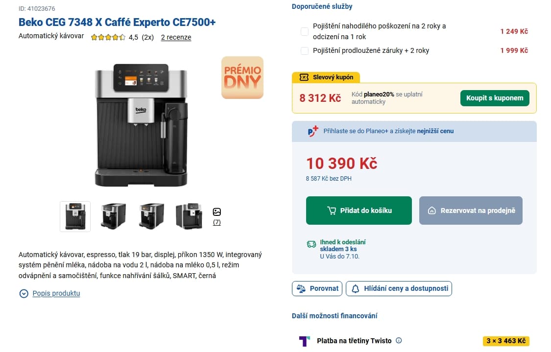 Automatický kávovar Beko, dotyk, mléko, 19 bar, Wifi