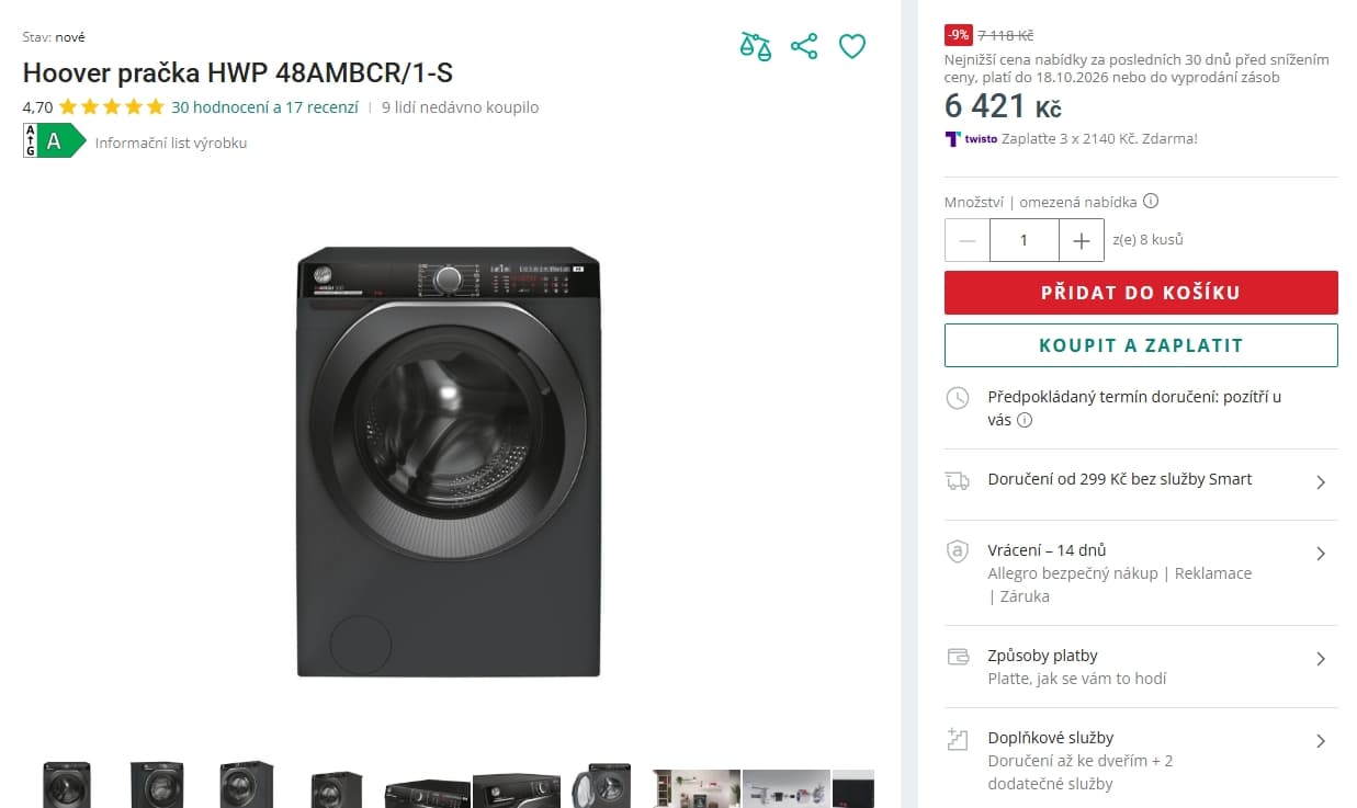 Hoover 8kg, 1400ot., pára, A, Wifi, BT