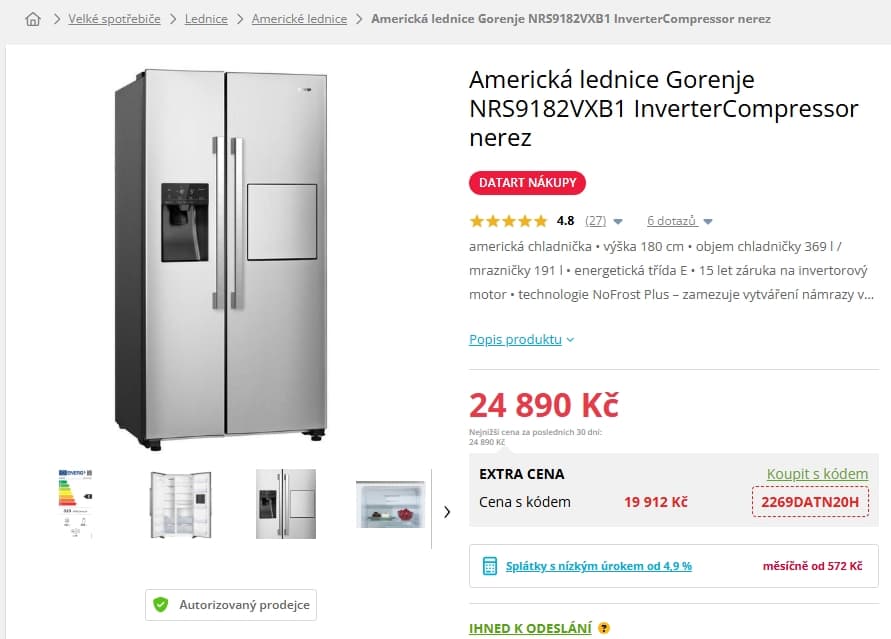 Americká lednice Gorenje, led, voda, bar, 180cm