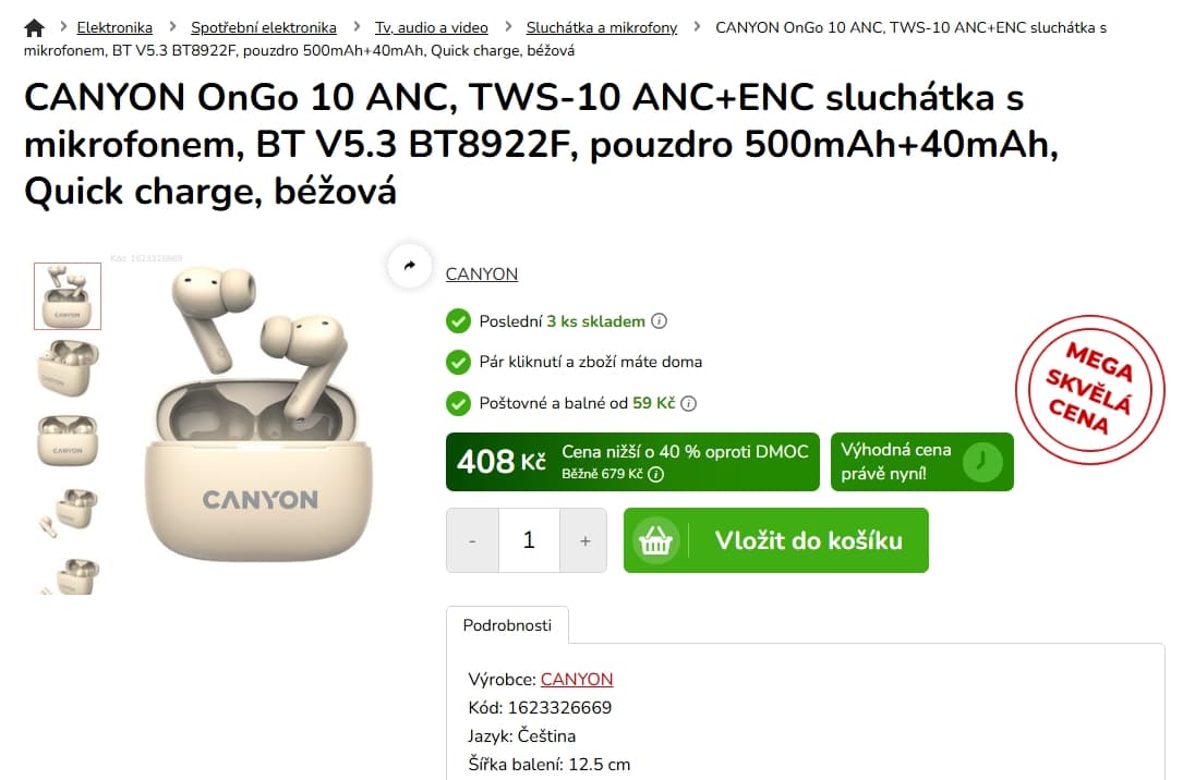 BT sluchátka Canyon TWS, ANC