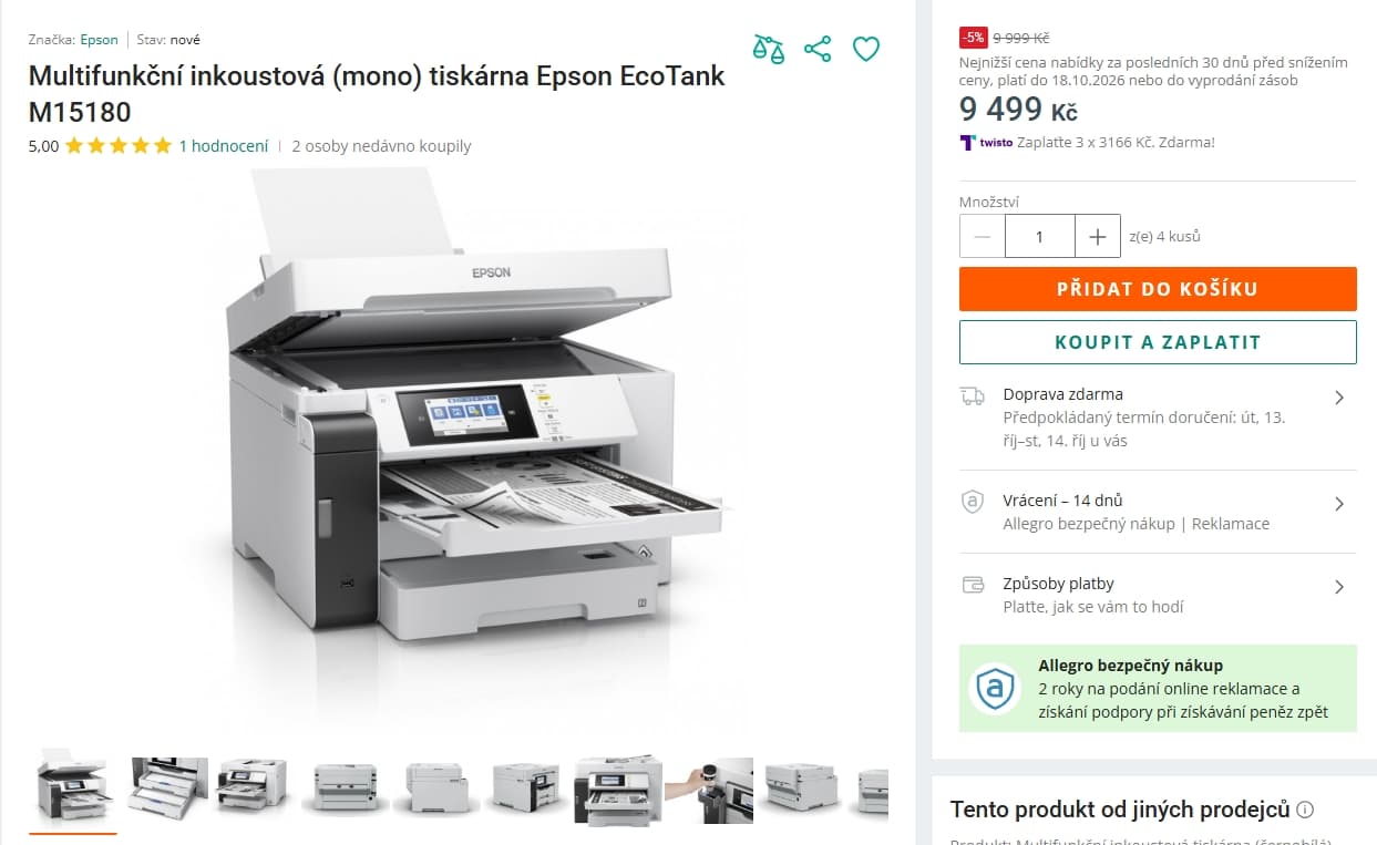 Inkoustová ČB tiskárna Epson, Wifi, duplex, tank