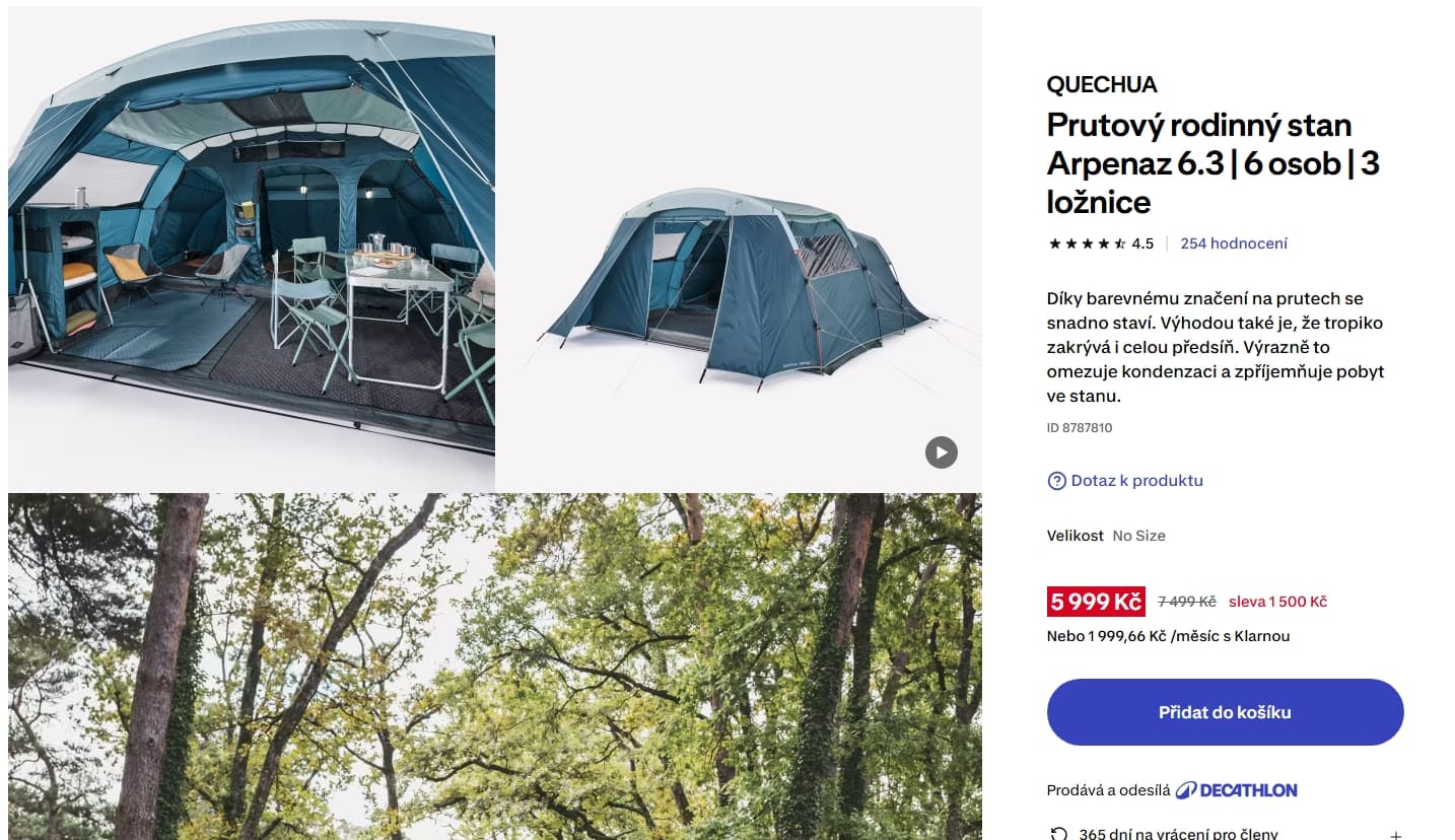 Prutový rodinný stan QUECHUA Arpenaz, 6 osob, 3 ložnice, v 2,25 cm, 6,3x3m