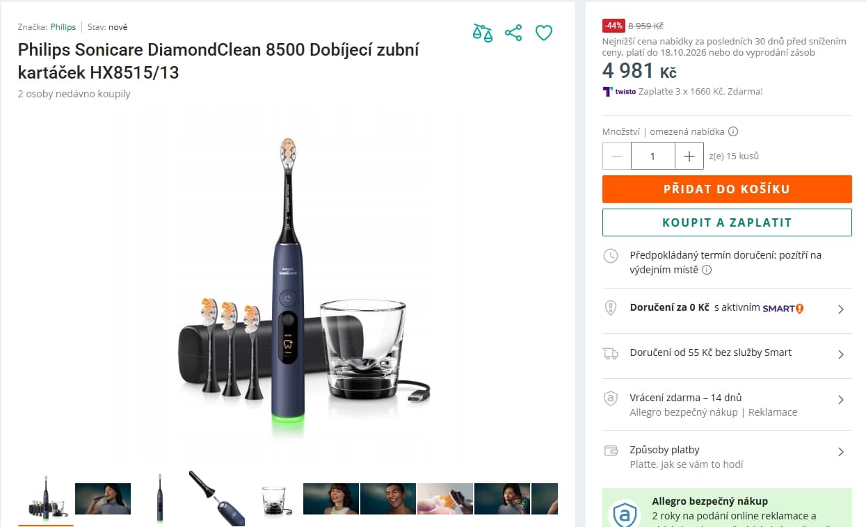 El. zubní kartáček Philips, sonic, 62000, 6 režimů, smart