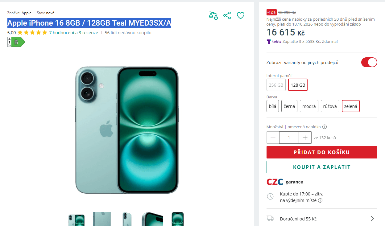 Apple iPhone 16 8GB / 128GB Teal