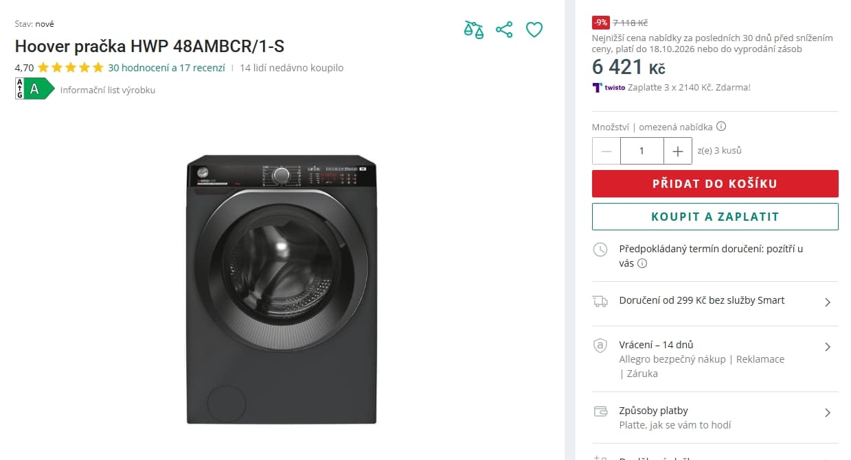 Hoover 8kg, 1400ot., pára, A, Wifi, BT