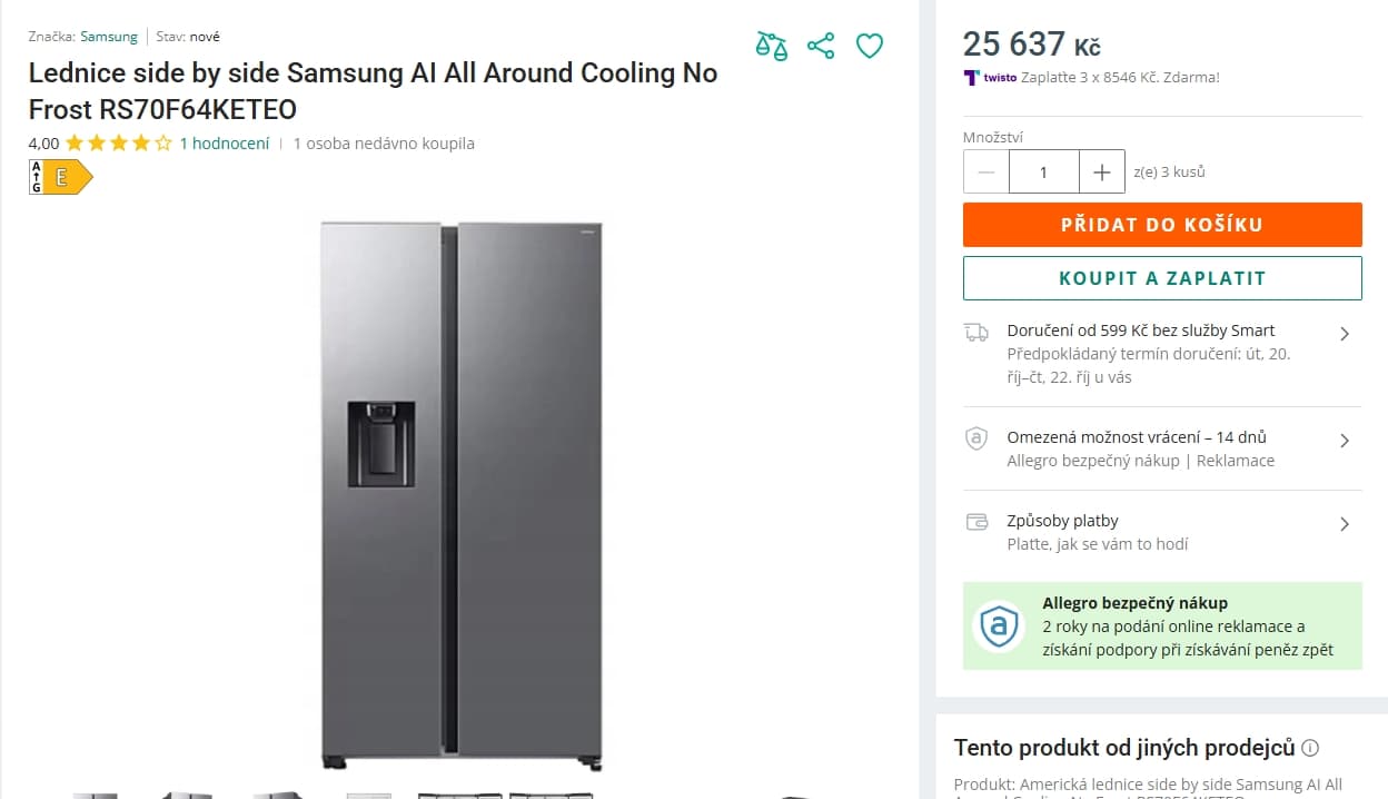 Americká lednice Samsung, 178 cm, Wifi, led, voda