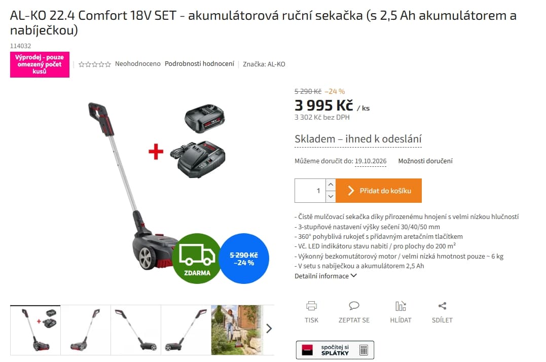 Ruční AKU sekačka AL-KO, baterie + nabíječka