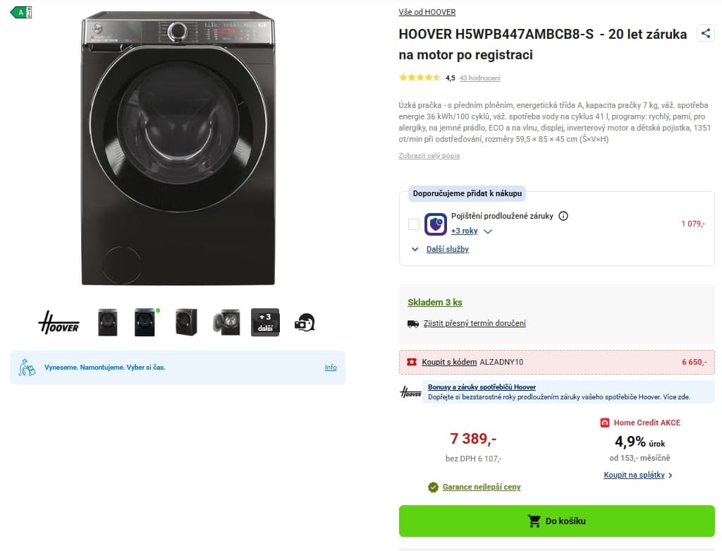 Parní pračka Hoover 7kg, 1400ot., Wifi