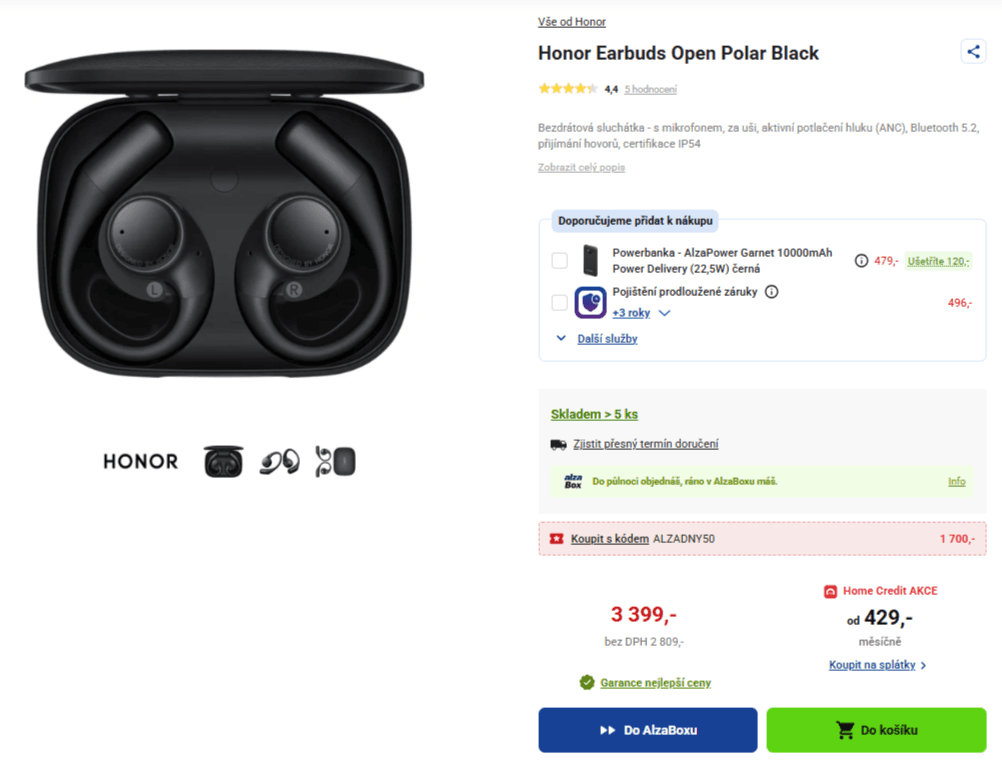 BT sluchátka Honor Earbuds Open, ANC, ENC, 26 hodin