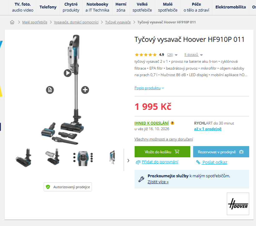 AKU tyčový vysavač Hoover 2v1