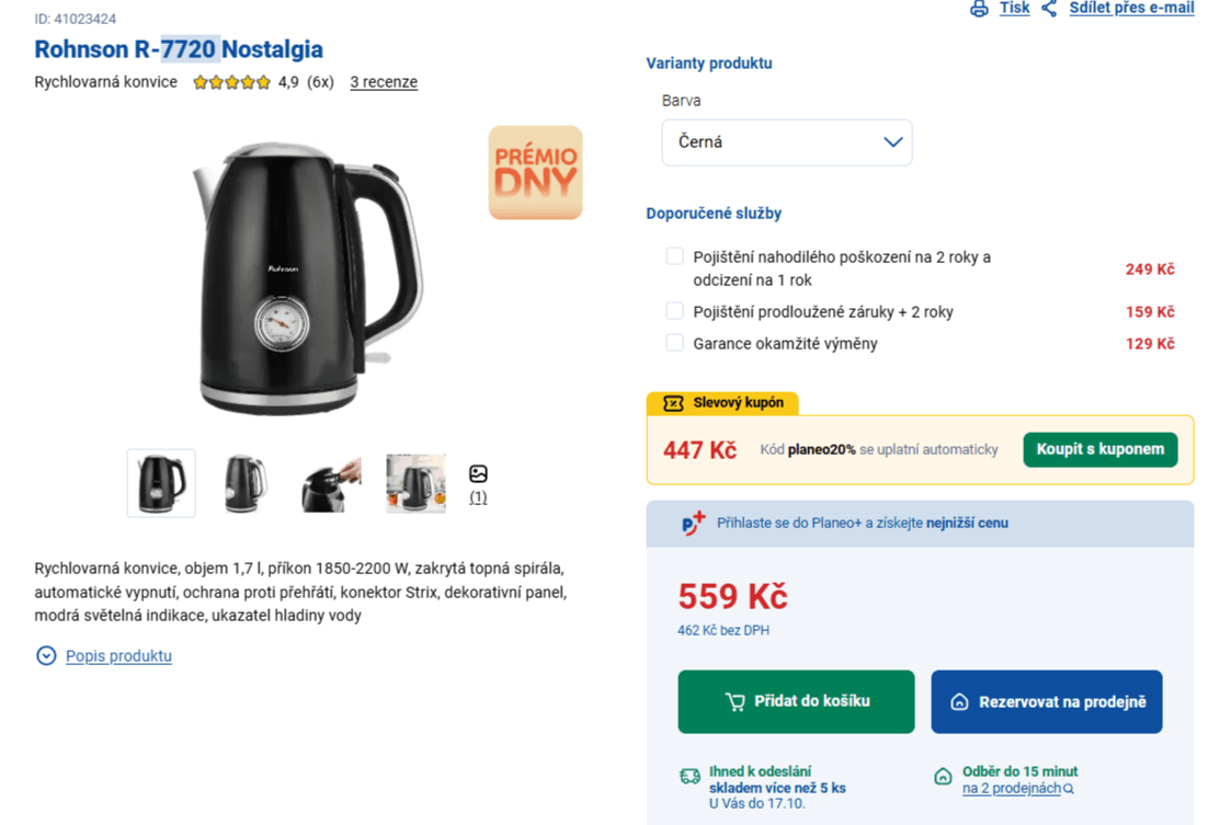Rychlovarná konvice Rohnson, 1,7 l, 2200W, teploměr