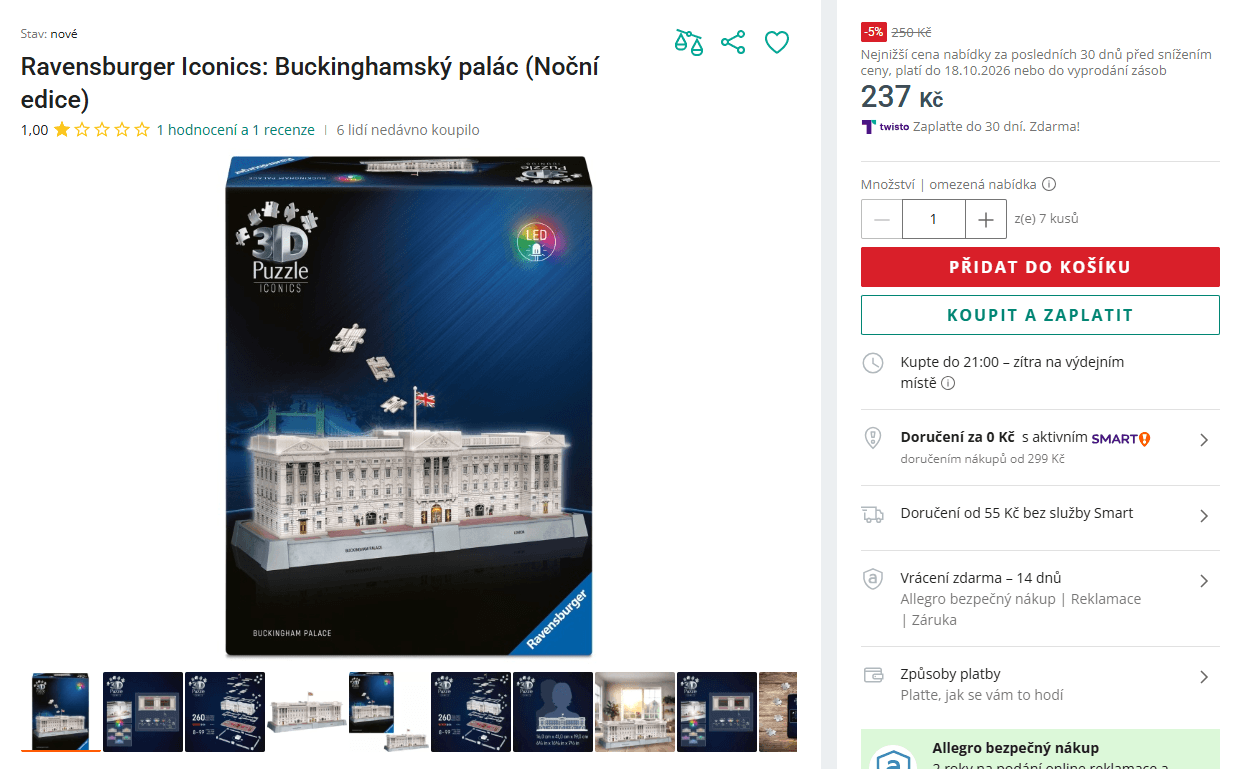 3D puzzle Ravensburger svítící Buckinghamský palác 260 dílů