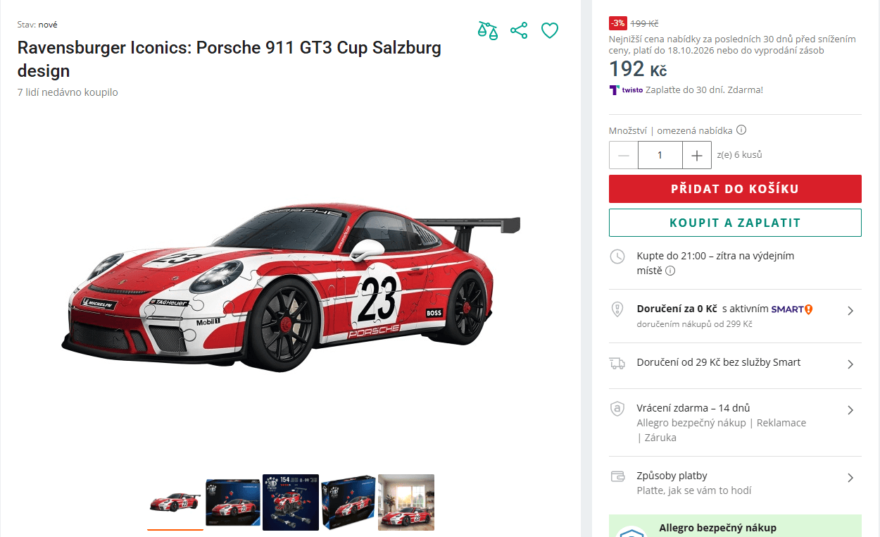3D puzzle Ravensburger Porsche 911 GT3 Cup Salzburg 154 dílů