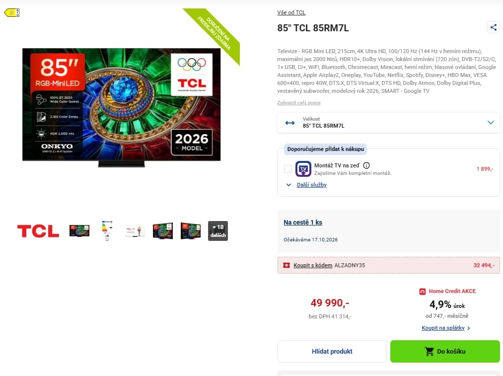 4K Mini LED Google TV, Atmos, 144Hz, 215 cm TCL