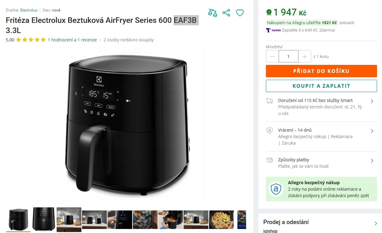 Horkovzdušná fritéza Electrolux, 8 programů, 3,3 l.