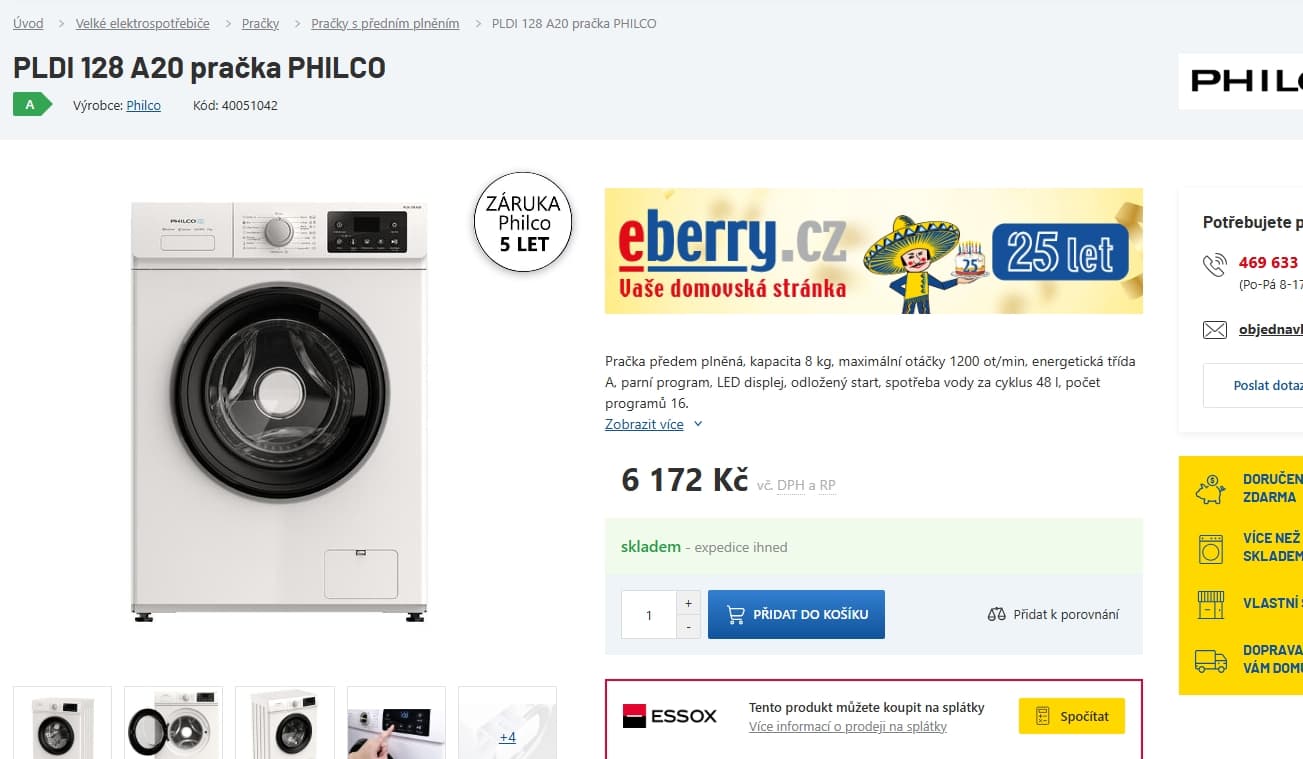 Parní pračka Philco, 8 kg, 1200 ot. , A