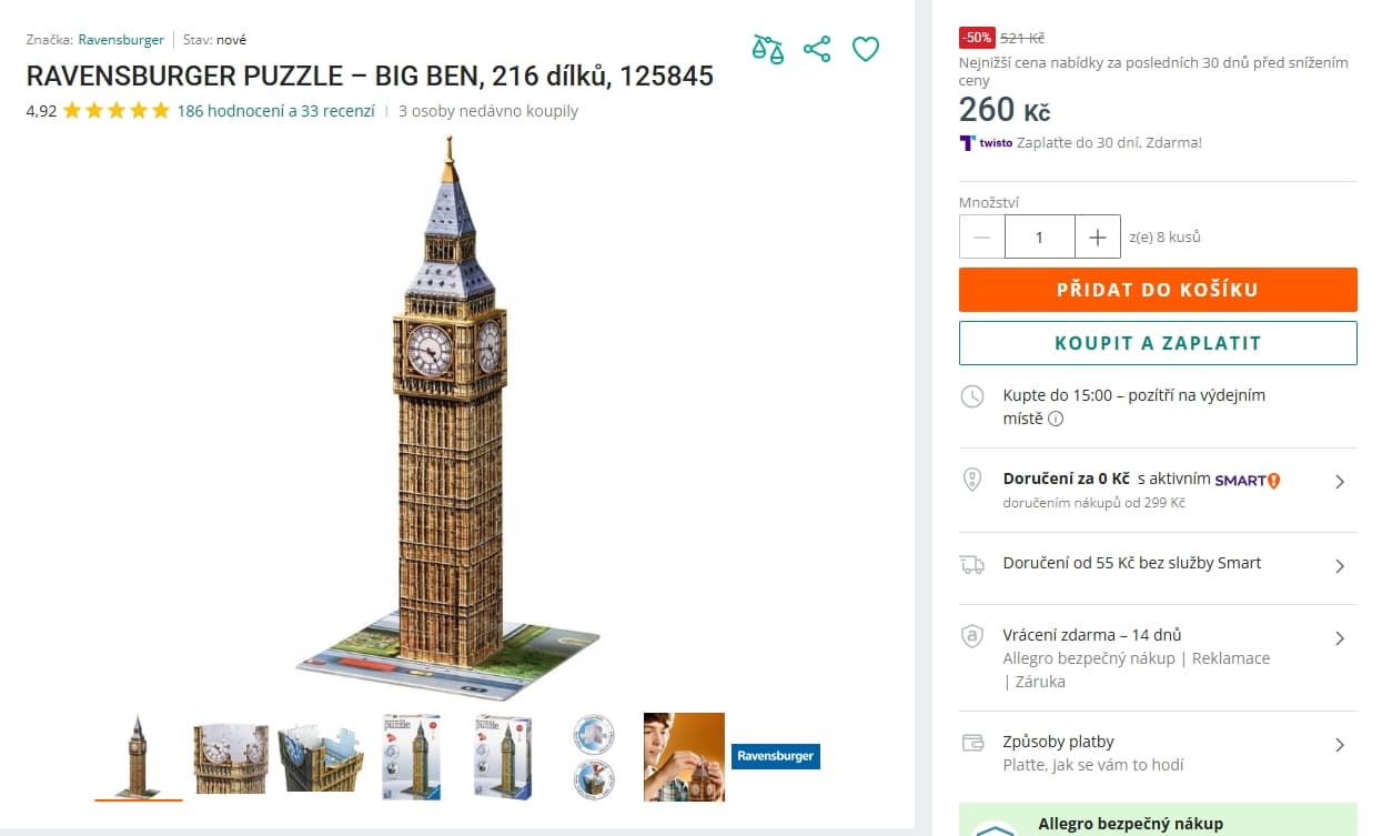 3D puzzle Ravensburger Big Ben, 216 ks
