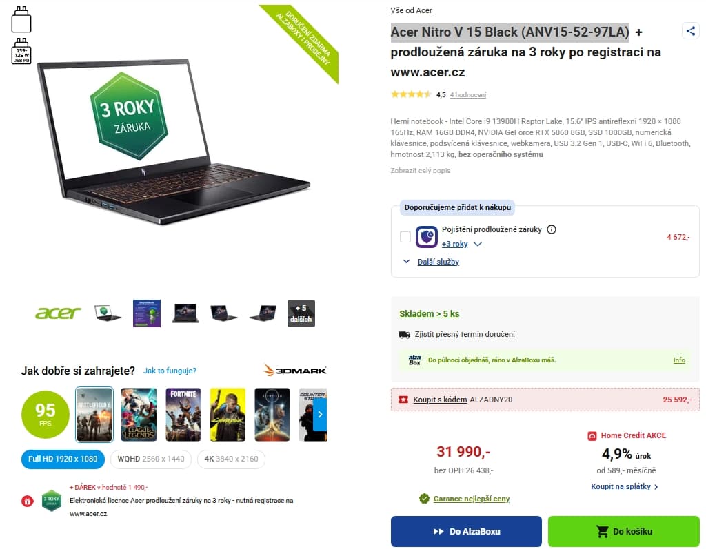 Acer i9 5,4 GHz, 16/1000GB, 8 GB Nvidia, 15,6"