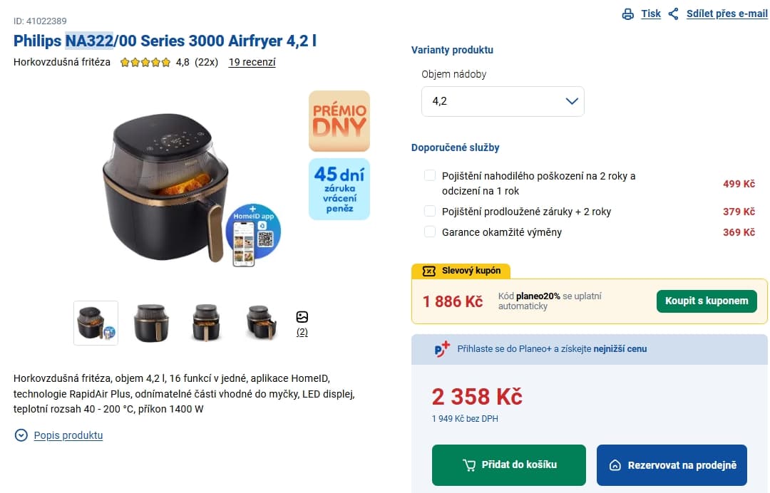 Horkovzdušná fritéza Philips, 4,2 l., 16 prg