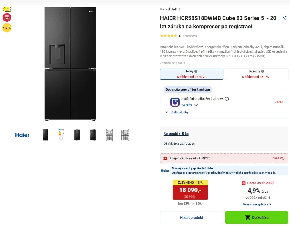 Americká lednice Haier, voda, TNF, 185 cm
