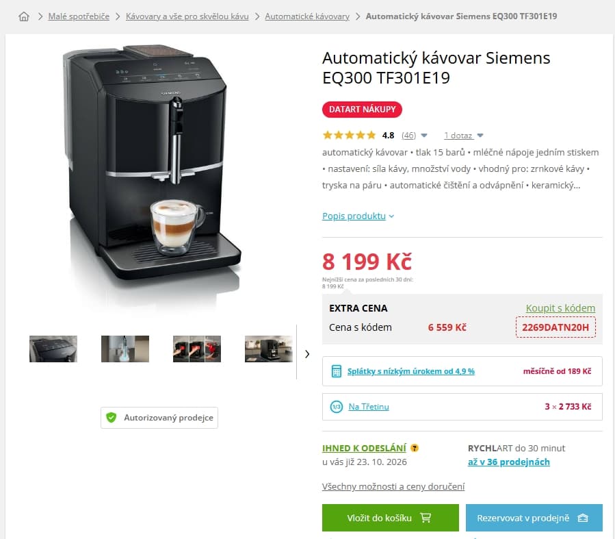 Automatický kávovar Siemens, mlýnek, 15 bar, dotyk