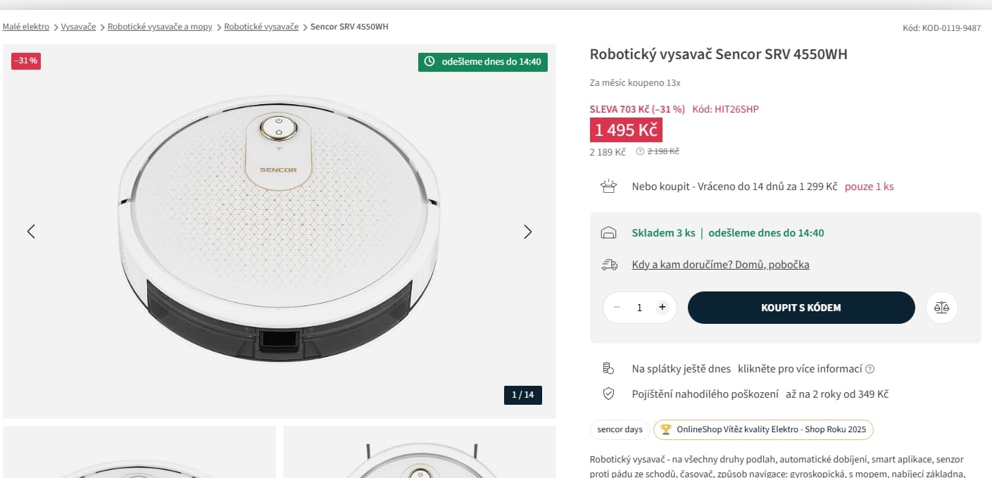 Robotický vysavač s mopem Sencor 7,5cm