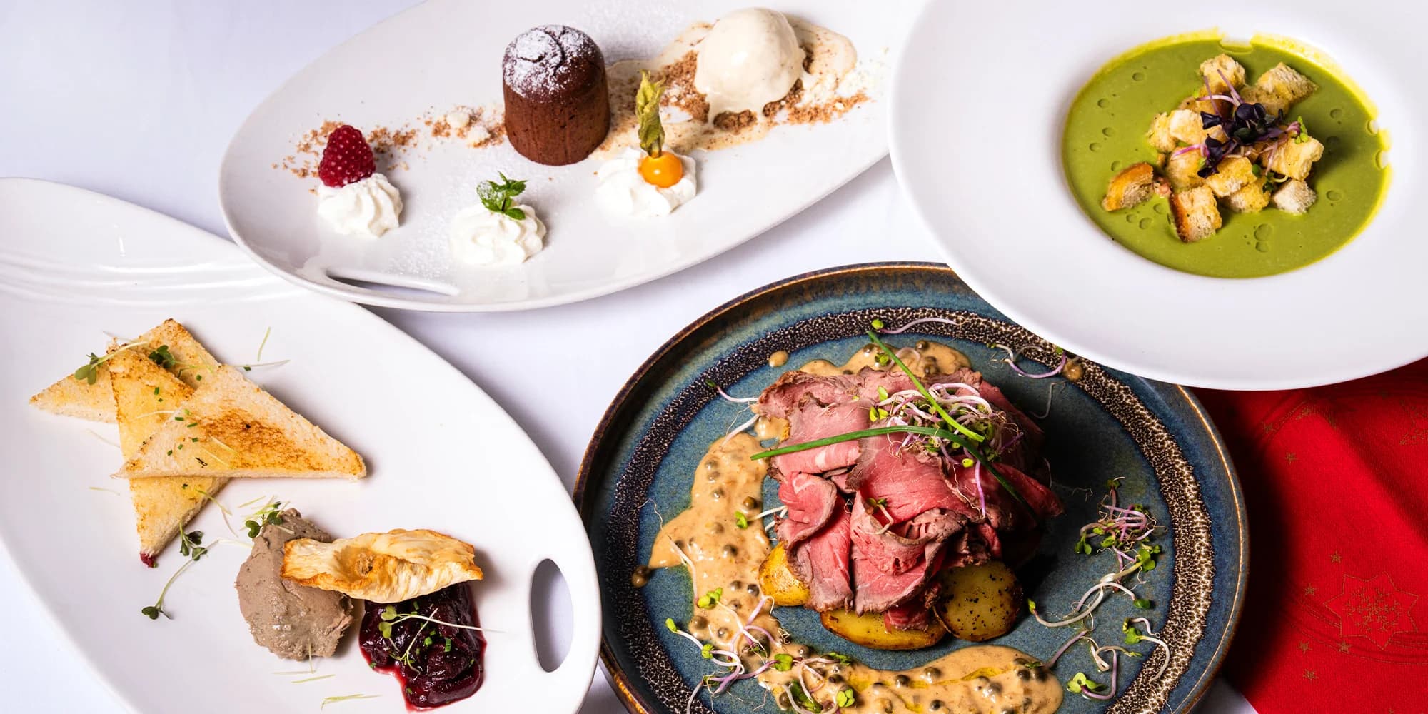 4chodové menu s proseccem pro 1-2 osoby: paštika, hráškový krém, roastbeef i fondán