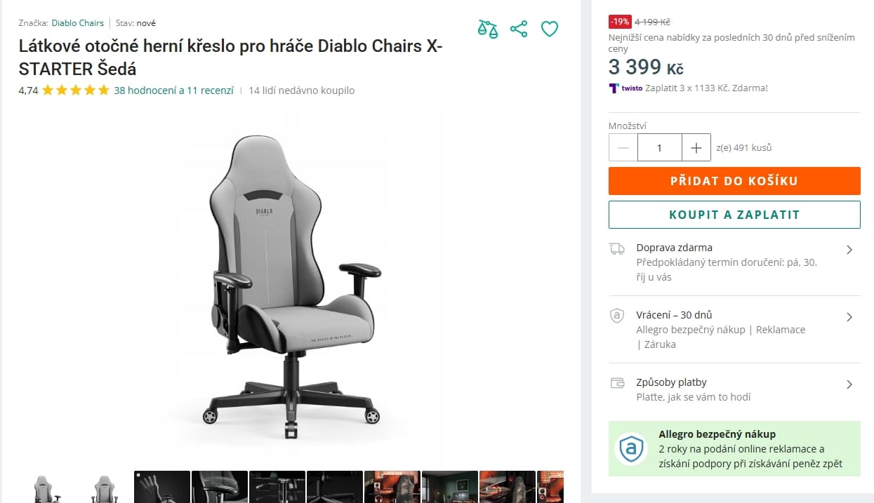 Herní křeslo Diablo Chairs X-STARTER Šedá