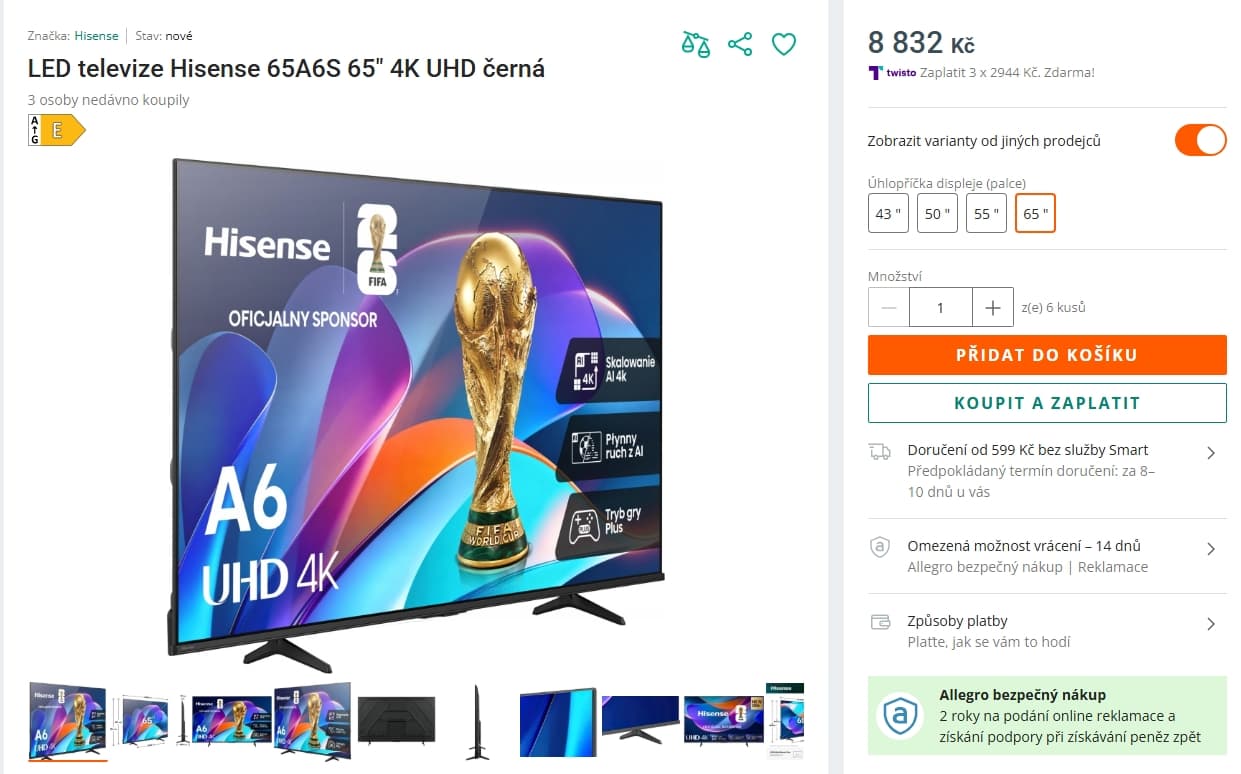 4K Smart TV, 165 cm, Hisense