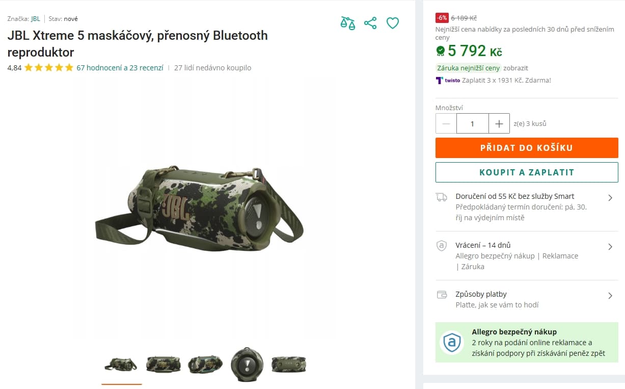 BT reproduktor JBL Xtreme 5, TWS, 130 W, 28 hodin