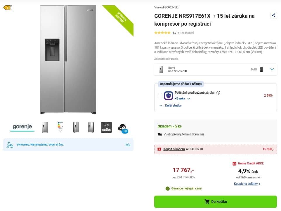 Americká lednice Gorenje, no frost, led, voda, 179 cm