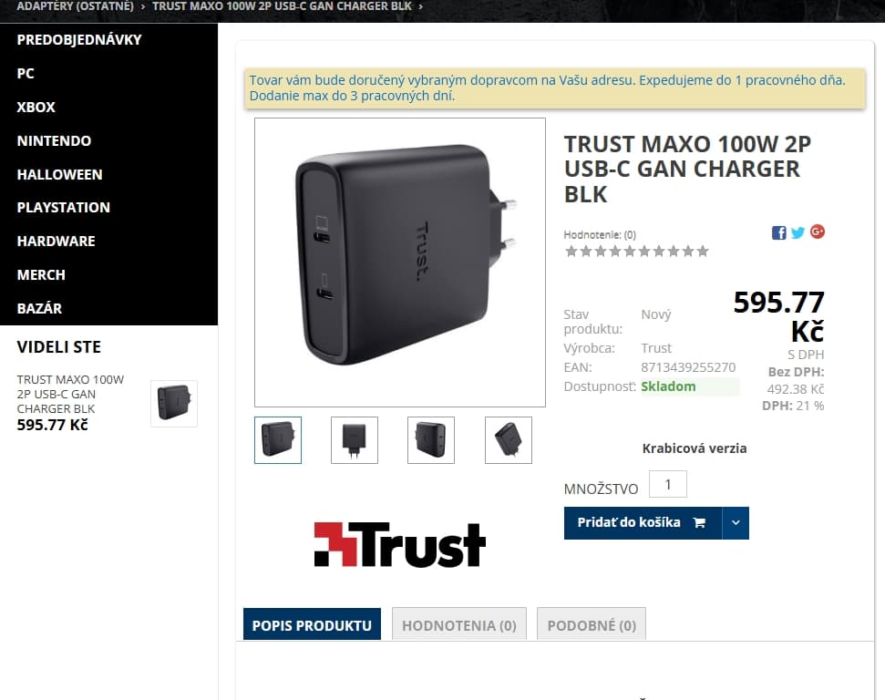 Nabíječka do sítě TRUST MAXO 100 W GaN, kabel 2 metry