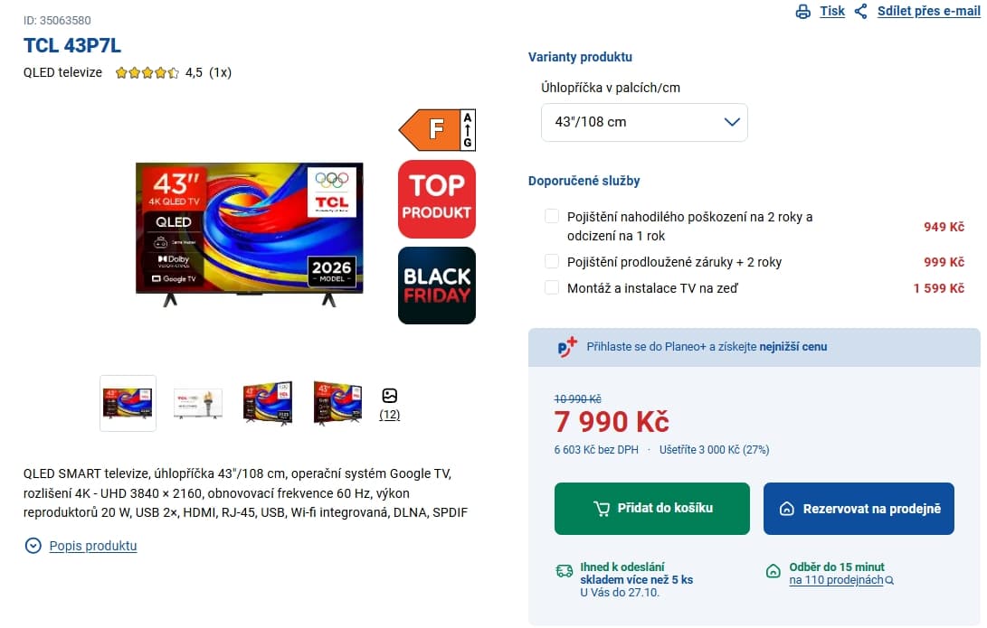 QLED 4K Google TV, Atmos, 109 cm TCL