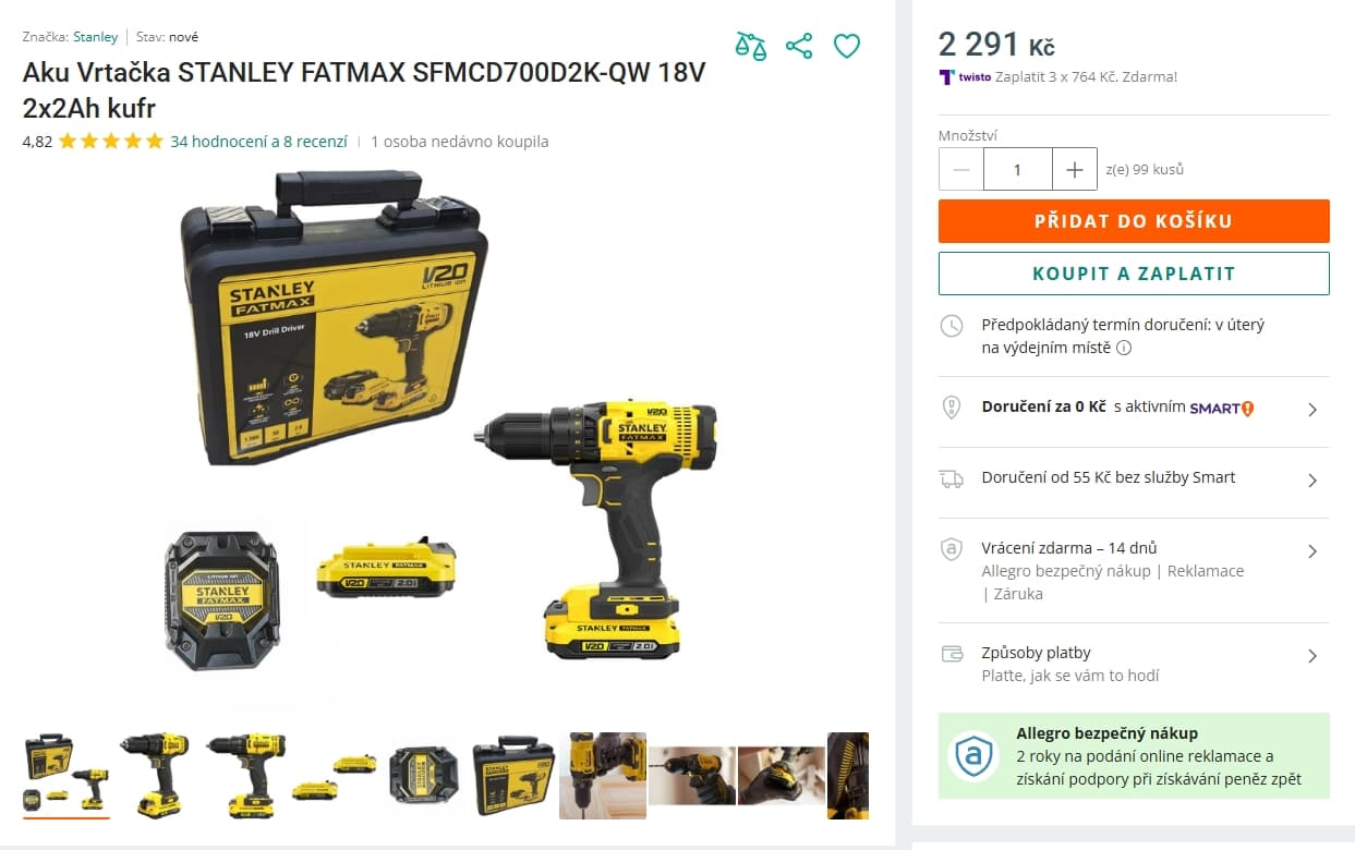Set aku vrtačky, 2x aku, kufr Stanley Fatmax