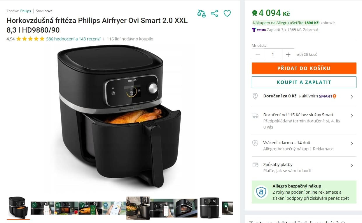 Horkovzdušná fritéza Philips, 8,3 l., 22v1