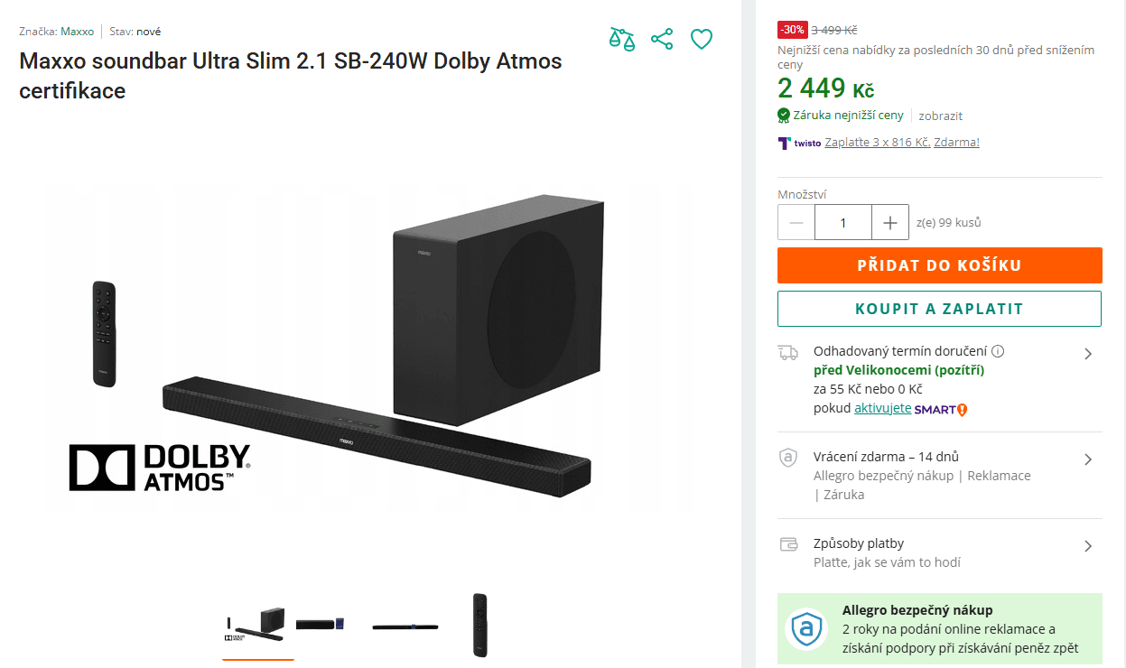 Soundbar Maxxo 2.1 , 240 W, subowoofer