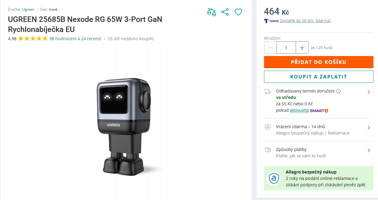 Síťová GaN nabíječka Ugreen Nexode RG 65 W