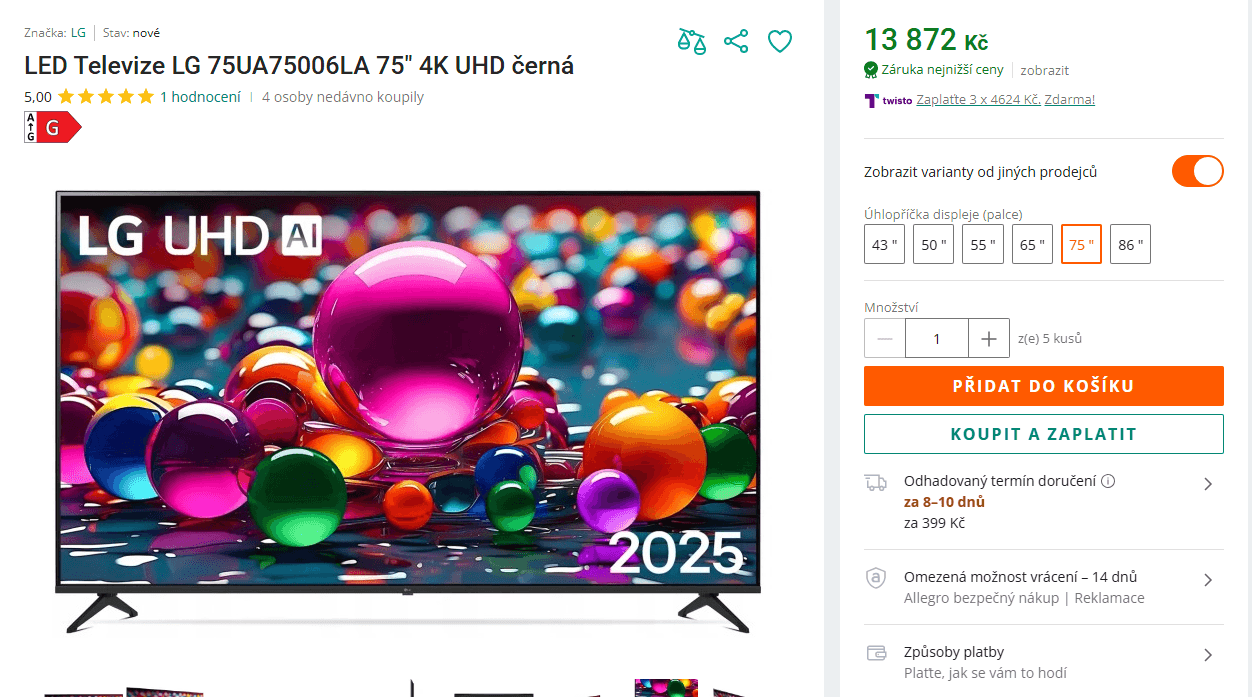 4K Smart TV, 191 cm, LG