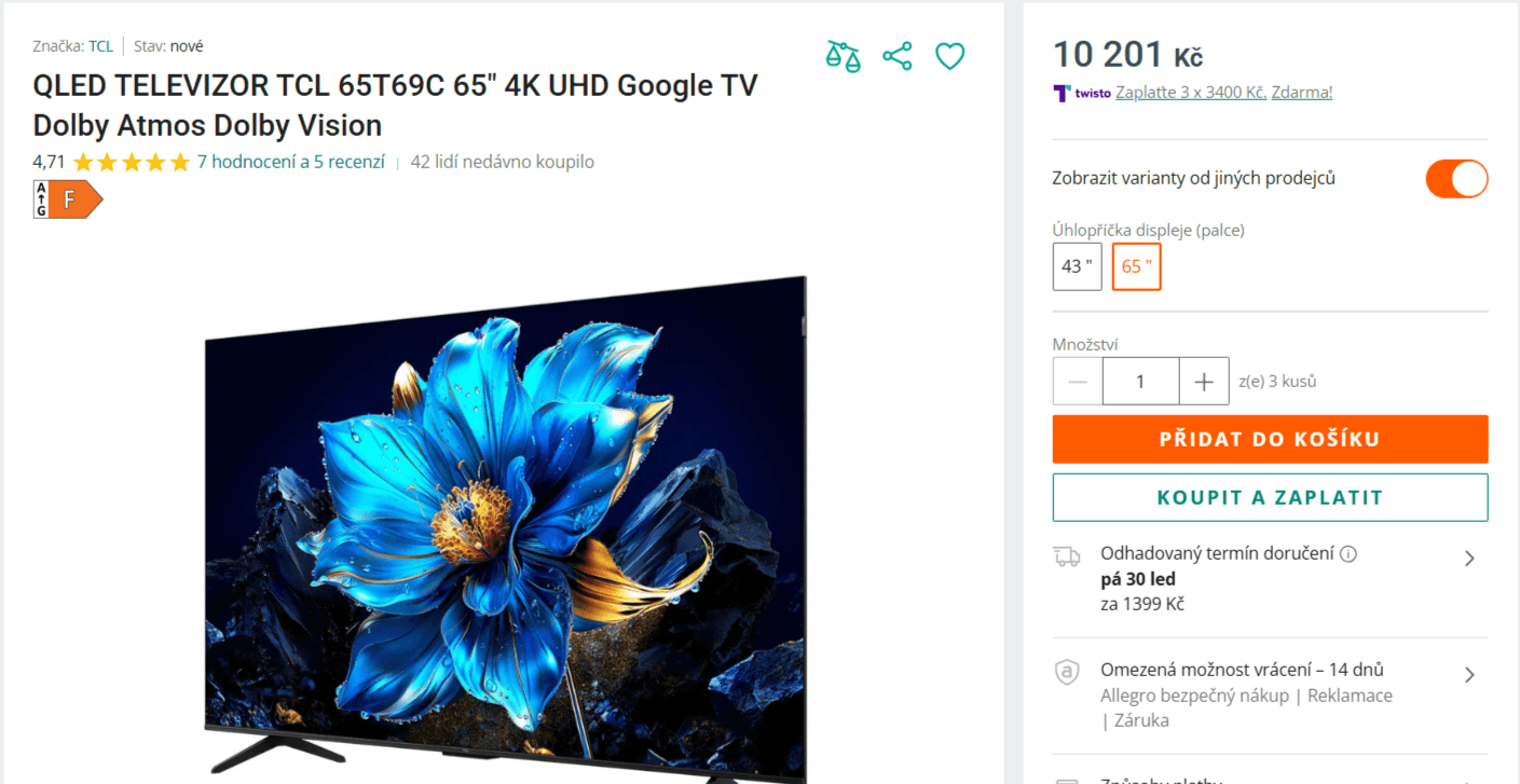 4K QLED Google TV, 164 cm, Atmos, TCL