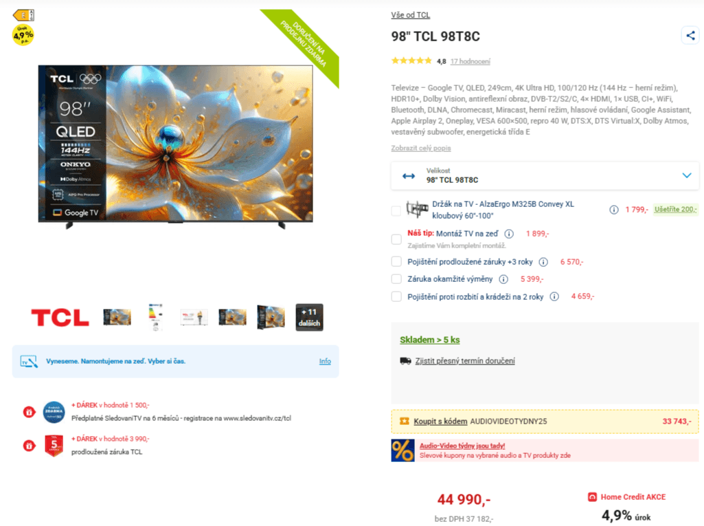 4K QLED Smart TV, 249 cm, 120Hz, TCL