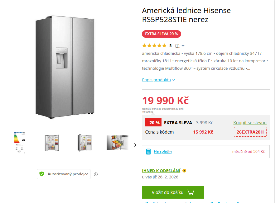 Americká lednice Hisense, led, voda, TNF, 179cm